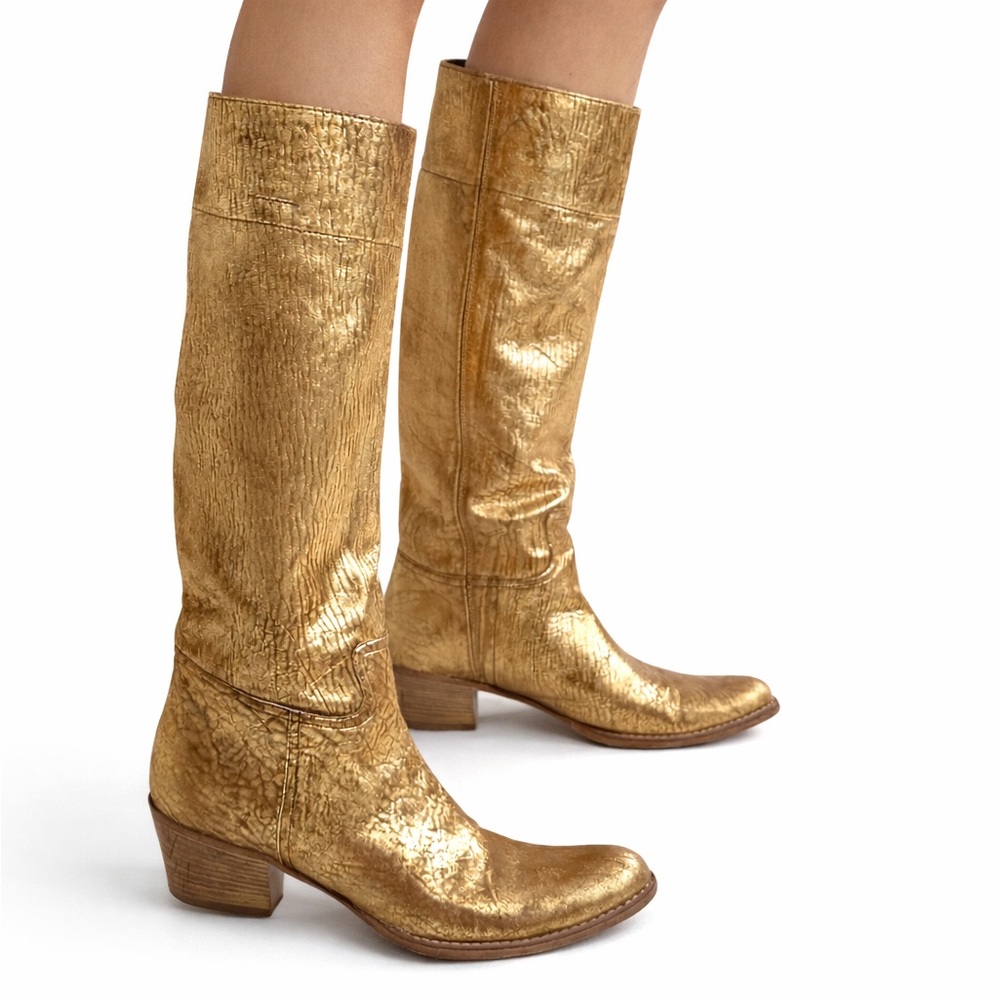 RARE Miu Miu Vintage Gold Metallic Leather Boots Sz 35 Cowboy Festival Boho